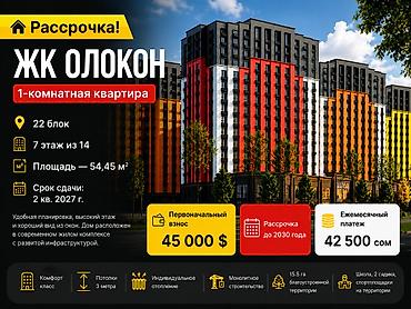 рассрочка квартиры: 1 комната, 54 м², Южная Магистраль Элитка, 7 этаж, Свежий ремонт — 1