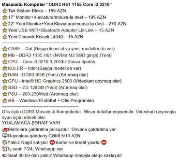 Masaüstü kompüterlər və iş stansiyaları: Masaüstü Kompüter "DDR3 H61 1155 Core i3 3210” ⭐Tək Sistem Bloku – 155 -da lalafo.az — 2 Masaüstü kompüterlər və iş stansiyaları: Masaüstü Kompüter "DDR3 H61 1155 Core i3 3210” ⭐Tək Sistem Bloku – 155 — 2