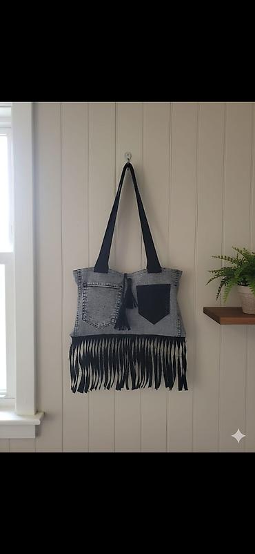 Çantalar: Boho üslubunda denim tote çanta - Material: Açıq boz cins parça və — 1