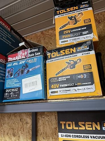 lithium: Аккумуляторные цепные пилы TOLSEN и Makita в коробках. TOLSEN MP20 — 1
