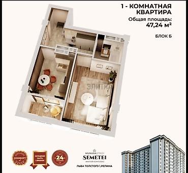 Продажа квартир: 1 комната, 48 м², Пишпек Элитка, 6 этаж, ПСО (под самоотделку) — 3