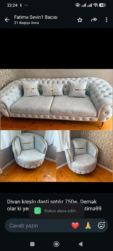 Divan kreslo dəsti satılır 750₼. Demək olar ki yenidir. Ünvan
