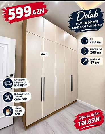 Dolab – müasir dizayn, geniş saxlama imkanı ilə. Ölçülər: - Eni: 200