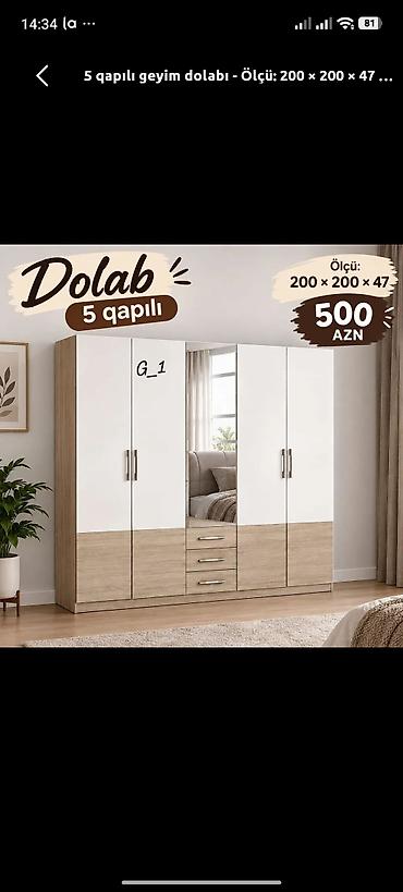 5 qapılı geyim dolabı - Ölçü: 200 × 200 × 47 sm - Rəng və dizayn: ağ