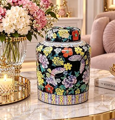 motivu: Porcelanska ukrasni ćup od keramike s poklopcem – oslikani floralni — 1