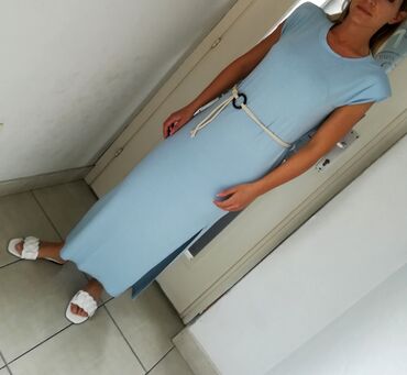 bandolera drap sako: Pamučne duge haljine u svetlo plavoj boji Model sa naramenicama Novo