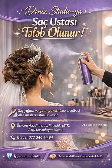 bərbər kursları: Dəniz Studio üçün Saç Ustası axtarılır! - Saç yığımı və gelin paketi — 1