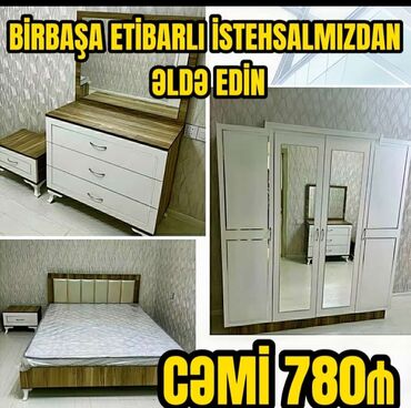 Yataq otağı dəstləri: 2 təknəfərlik çarpayı, Dolab, Tumba, 2 tumba, Azərbaycan, Yeni