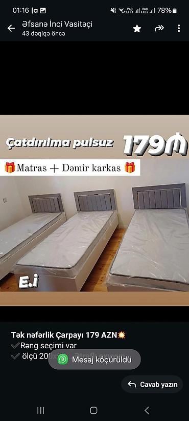 *Tək nəfərlik Çarpayı 179 AZN💥* ✔️Rəng seçimi var ✔️ ölçü 200x90