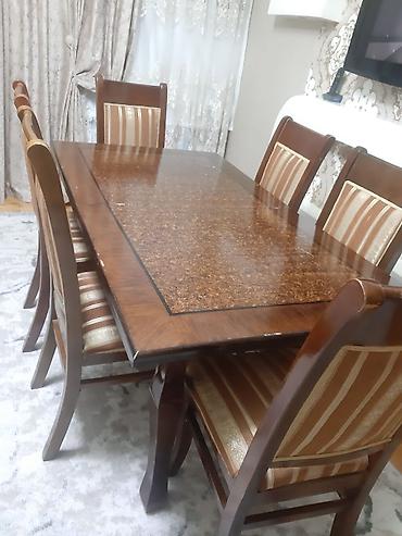 islenmis masa: Qonaq otağı üçün, İşlənmiş, Açılan, Dördbucaq masa, 6 stul — 2
