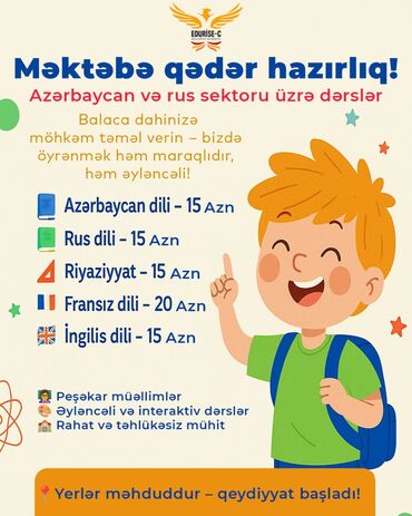 Çaydanlar: Məktəbəqədər və ibtidai sinif hazırlığı, Rus dili, Azərbaycan dili, Əyani, Fərdi, Qrup