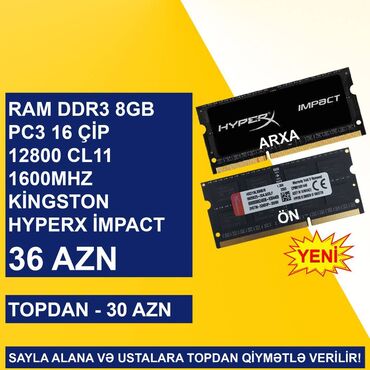 Operativ yaddaş (RAM): Operativ Yaddaş "DDR3 8GB 1600 Mhz 1.35v Mhz Sodimm Kingston HyperX — 1