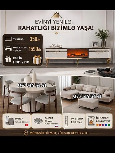 qədimi oturacaqlar: Evin üçün mebel dəsti - TV stend: 1.80 m ölçü, dekorativ içi “kamin” — 1