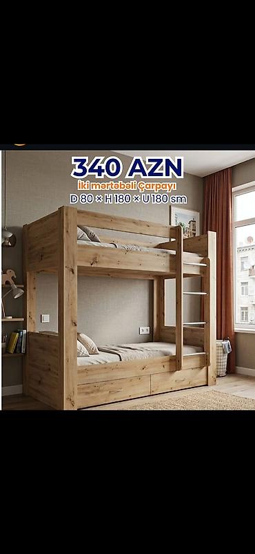 2 mertebeli kravat: İki mərtəbəli çarpayı – 340 AZN Ölçülər: D 80 × H 180 × U 180 sm — 1