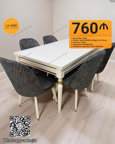 metbex ucun asma tavanlar: Qonaq otağı üçün, Açılan, Dördbucaq masa, 6 stul