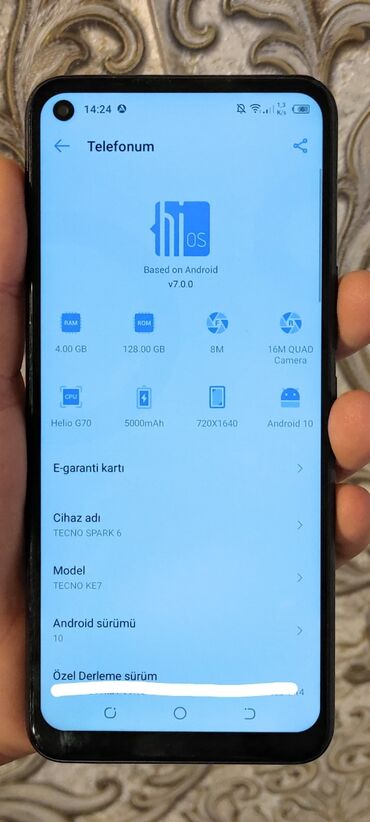 telfon aliram: Tecno Spark 6, 128 GB, Face ID, Barmaq izi, Sensor