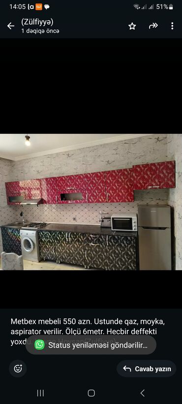 metbex şkafi: Metbex mebeli 550 azn. Ustunde qaz, moyka, aspirator verilir. Ölçü