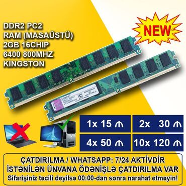ddr2 2gb ram: Operativ yaddaş (RAM) Kingston, 2 GB, < 1333 Mhz, DDR2, PC üçün, Yeni