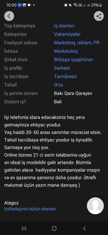 Marketoloqlar: Marketoloq tələb olunur, Onlayn iş, İstənilən yaş, Təcrübəsiz