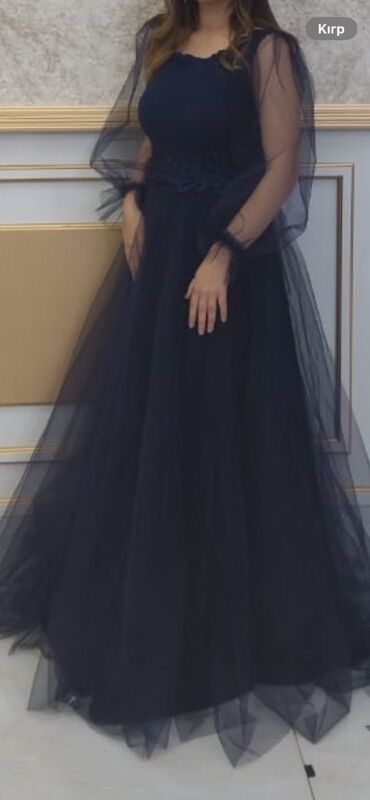 Ətəklər: Tünd lacivərd rəngli zərif ziyafət geyimi - Model: Uzun, A-kəsim