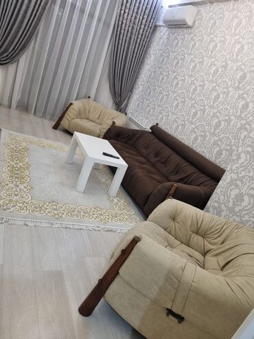 tek stolar: Mebel dəsti – 3 parçalı dəri/tekstil kombinasiyalı yumşaq oturacaq