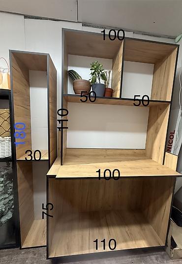 table study: Модульный стеллаж-рабочая зона из ЛДСП под дерево с кромкой в темном — 1