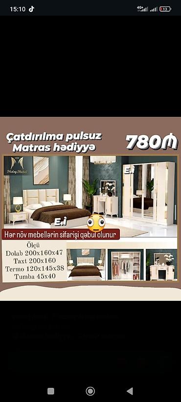 Мебель на заказ: Yataq otağı mebeli dəsti Tərkibi: - 2 qapılı böyük güzgülü dolab – — 2