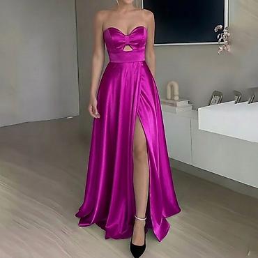 svecane uske haljine: Elegantna duga večernja haljina bez bretela, od glatkog satenskog — 2