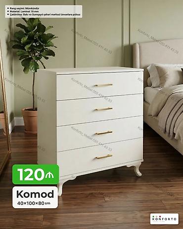 Komodlar: Komod – 4 çekmecəli, zərif dizayn Ölçü: 40 × 100 × 80 sm Material — 1