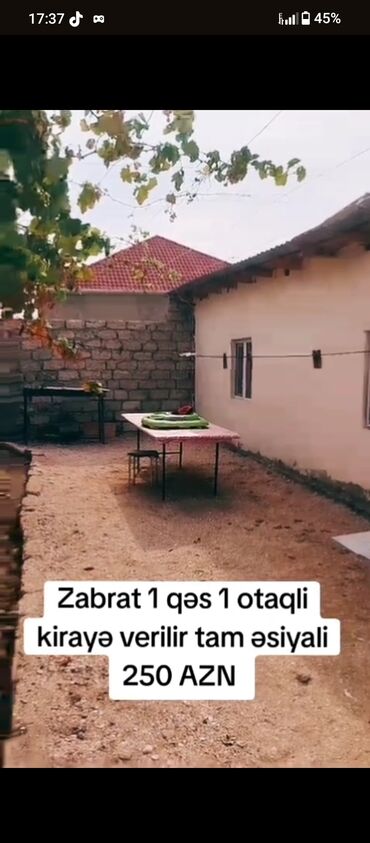 готовые частные дома: Zabrat qəsəbəsində 1 otaqlı ev kirayə. - Tam əşyalı - Həyət sahəsi