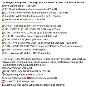 Masaüstü kompüterlər və iş stansiyaları: Oyun üçün Kompüter "Gaming Core i5 4570 GTX1050 2GB 256GB NVME” ⭐Tək — 2