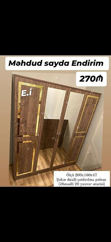 işlənmiş mebel alan: *4 qapılı dolab Endirim 270AZN💥* ▫️Rəng seçimi var ▫️Şəhər daxili — 9