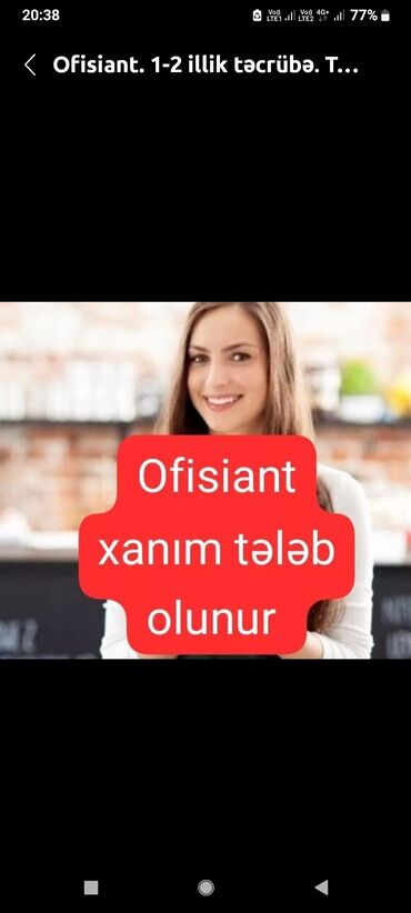 Ofisiantlar: Ofisiant tələb olunur, Kafe, Gündəlik ödəniş, 18-29 yaş, 3-5 illik təcrübə