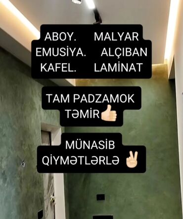 alçıpan qiymətləri: Divar kağızı, boya, emusiya, alçıpan, kafel və laminat işləri təklif