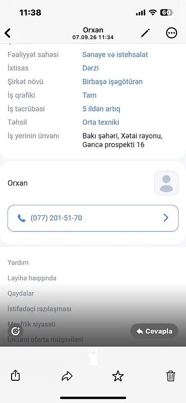 Peşəkar dərzi xidməti Sahə: Sənaye və istehsalat İxtisas: Dərzi