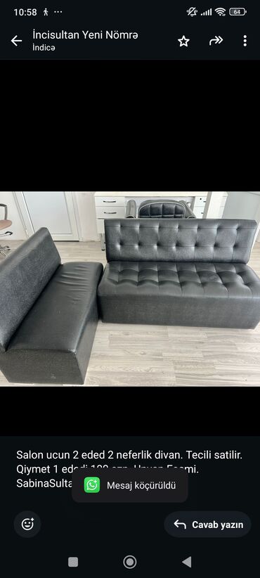 Salon ucun 2 eded 2 neferlik divan. Tecili satilir. Qiymet 1 ededi 100