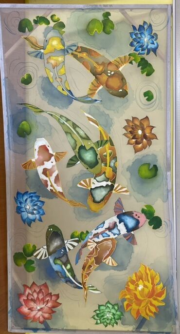 балык форел: Авторская картина «Карпы кои в пруду» - Ручная роспись по шелку/батик