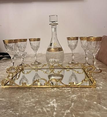 bayram: CREART kristal qədəh və qrafin dəsti + güzgülü qızılı metal felli — 1