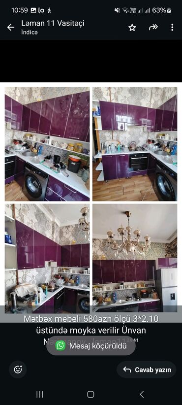 kreditle metbex mebelleri: Mətbəx mebeli 580azn ölçü 3*2.10 üstündə moyka verilir Ünvan