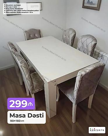 Masa Dəsti – 90×160 sm - Masa ölçüsü: 90×160 sm - Stul sayı: 6 ədəd -