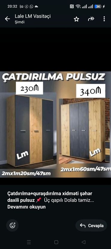 işləmiş dolab: *Çatdırılma+quraşdırılma xidməti şəhər daxili pulsuz* 📌 Üç qapılı