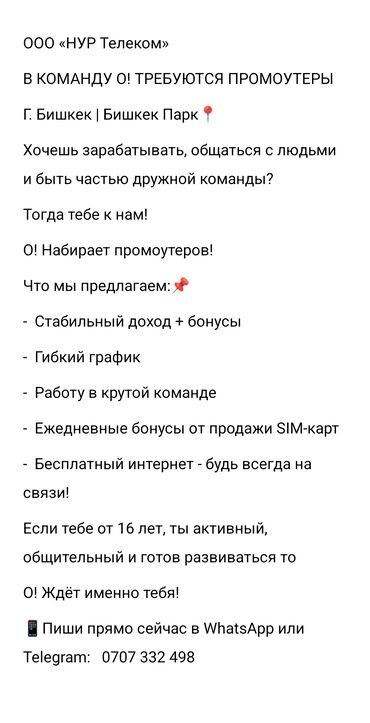 я ищу работу кафе: Талап кылынат Проумотер, Тажрыйбасыз, Кошумча акча табуу, Иш тартиби: Ийкемдүү график, Карьера жактан көтөрүлүү