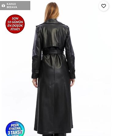 deri plaş: Qadın uzun dərimsi trençkot – qara - Model: İkiqat düyməli, kəmərli — 3