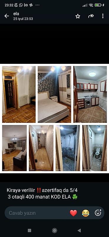 Kirayə mənzil – Azərtifaq, 5/4 mərtəbə, 3 otaqlı Qiymət: 400 AZN