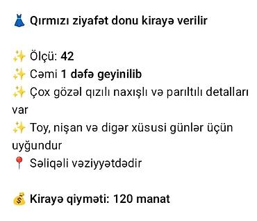 Qadın geyimləri: Qırmızı ziyafət donu kirayə - Ölçü: 42 - Cəmi 1 dəfə geyinilib - — 1