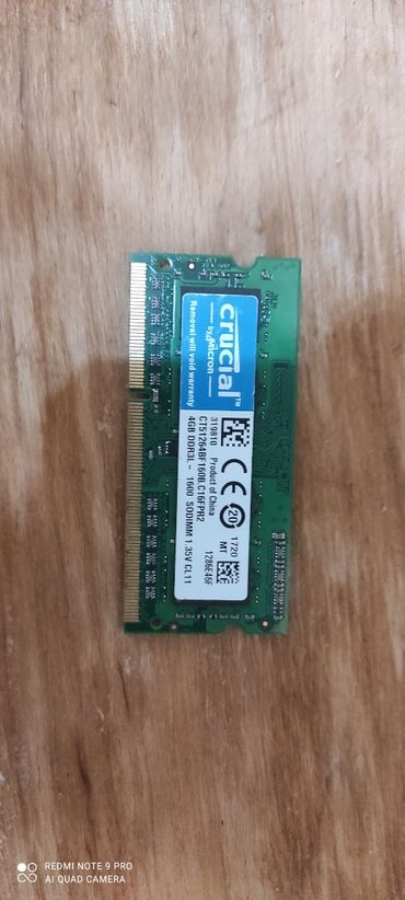 Operativ yaddaş (RAM): Operativ yaddaş (RAM) Crucial, 4 GB, 1600 Mhz, DDR3, Noutbuk üçün, İşlənmiş