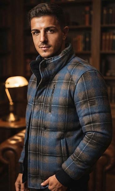Muška karirana jakna – plavo/smeđi tartan - Topla, prošivena jakna sa