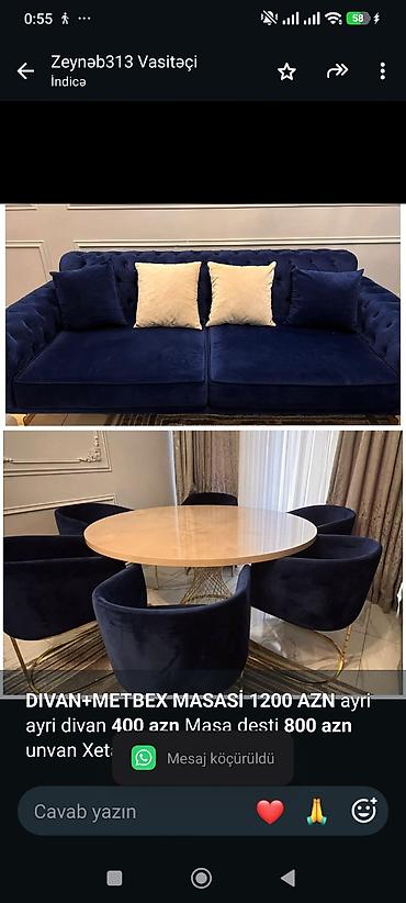 *DIVAN+METBEX MASASİ 1200 AZN* ayri ayri divan *400 azn* Masa desti lalafo.az -da *DIVAN+METBEX MASASİ 1200 AZN* ayri ayri divan *400 azn* Masa desti