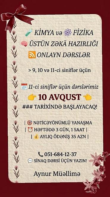 müəllimə: Kimya və Fizika üzrə Üstün Zəka hazırlığı – onlayn dərslər - 9, 10 və — 1