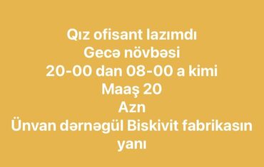 qadın üçün işlər: Ofisiant tələb olunur, Kafe, Gündəlik ödəniş, 18-29 yaş, Təcrübəsiz